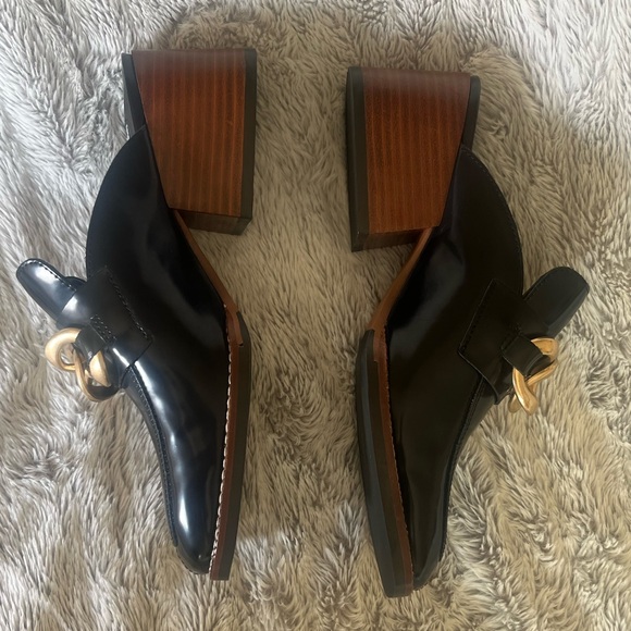 New Steve Madden Lorie Mules Shoes Black/Gold Size 7 1/2 Block Heel - Picture 4 of 5